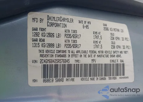 2005 Chrysler Pacifica Touring z USA, uszkodzony, nr VIN 2C4GM68425R576845